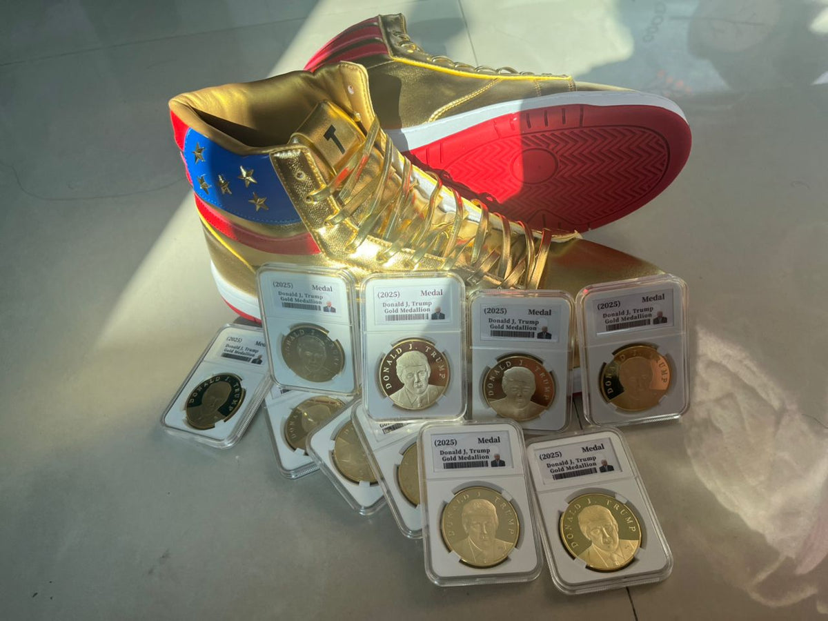 Trump High Top Sneakers + 10 x 2025 Gold Trump Coins - Golden 47 President Bundle
